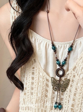 波西米亚复古蝴蝶长款项链女款2026新款民族风挂绳毛衣链配饰装饰
