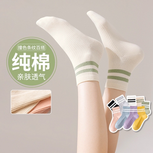 诸暨袜子女短袜夏季 纯棉透气防臭春秋白色运动中筒袜防滑条纹 薄款