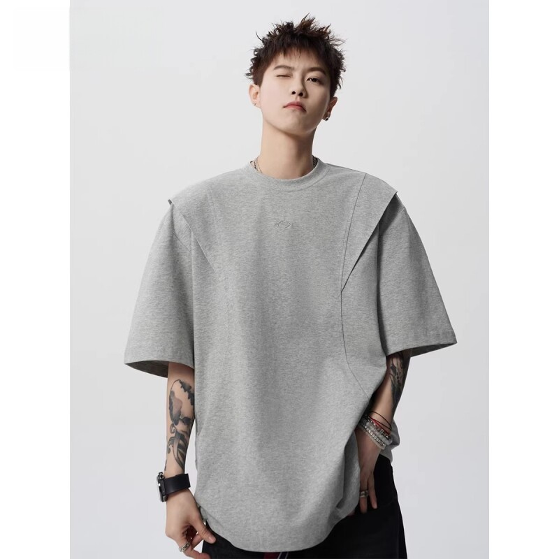 剪裁短袖T恤男女春夏美式高街解构套头衫设计感宽松体恤黑色灰色