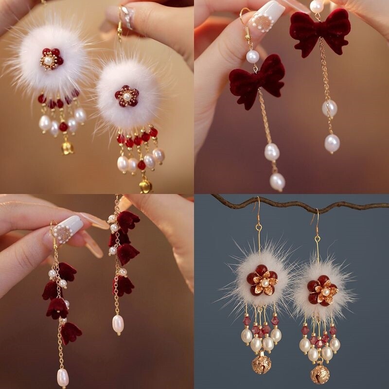 国风美人~铃兰流苏显脸小耳环少女喜气本命年铃铛耳坠古风红色