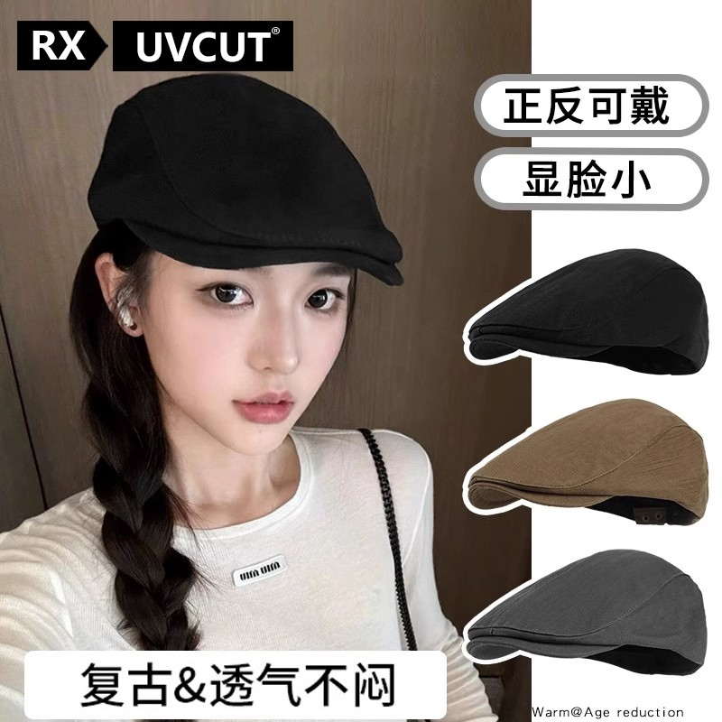 法式画家贝雷帽女反戴古着黑色复古前进帽大头围显脸小鸭舌贝雷帽