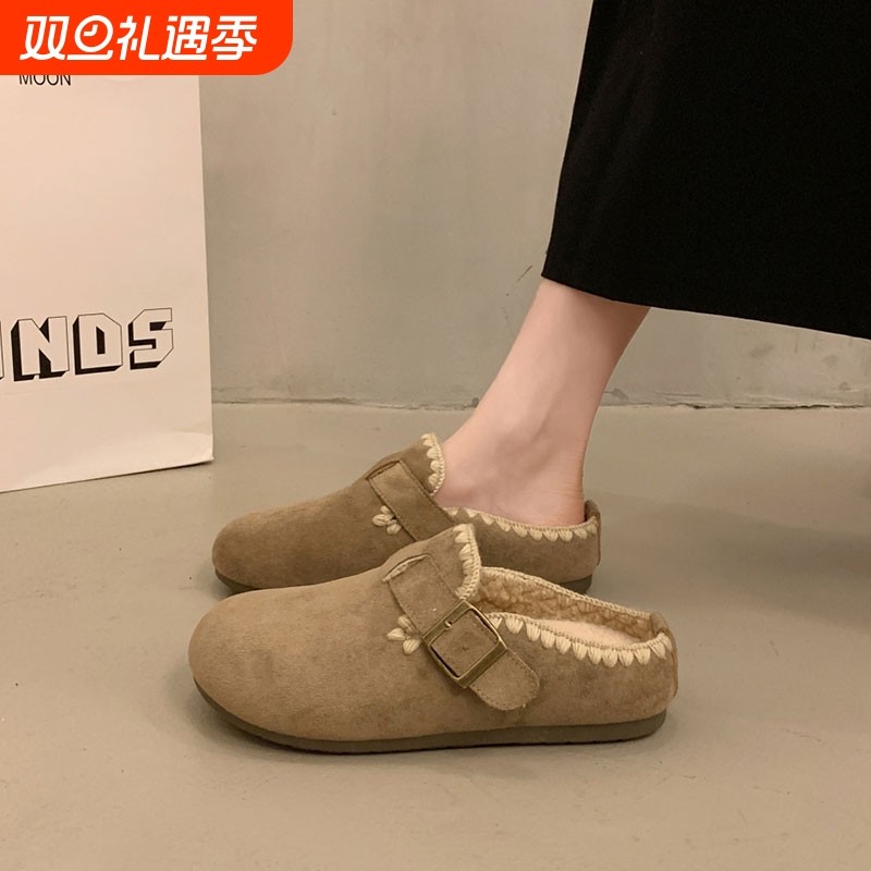 厚底加绒勃肯鞋女2025秋冬新款一脚蹬包头半拖鞋休闲单鞋棉拖鞋子