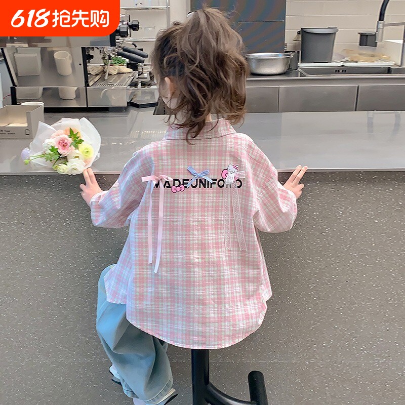 女童衬衫2026春秋新款儿童外套女孩洋气上衣大童春季格子长袖衬衣