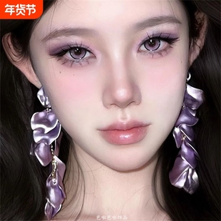 夸张玫瑰花瓣耳环女耳夹个性紫色气质长款耳坠小众设计感耳钉耳饰