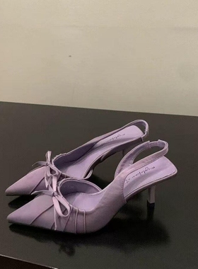 配裙子小众尖头紫色包头凉鞋女2025新款小香风法式气质细跟高跟鞋