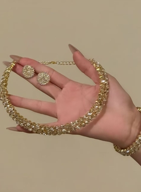 宴会香槟色闪钻项圈手链耳钉晚宴气质项链套装配饰女新款锁骨链