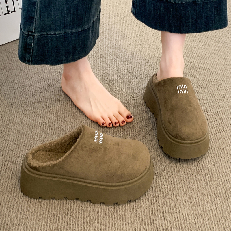 厚底增高勃肯鞋女2025新款秋冬季一脚蹬包头半拖外穿加绒博肯棉鞋