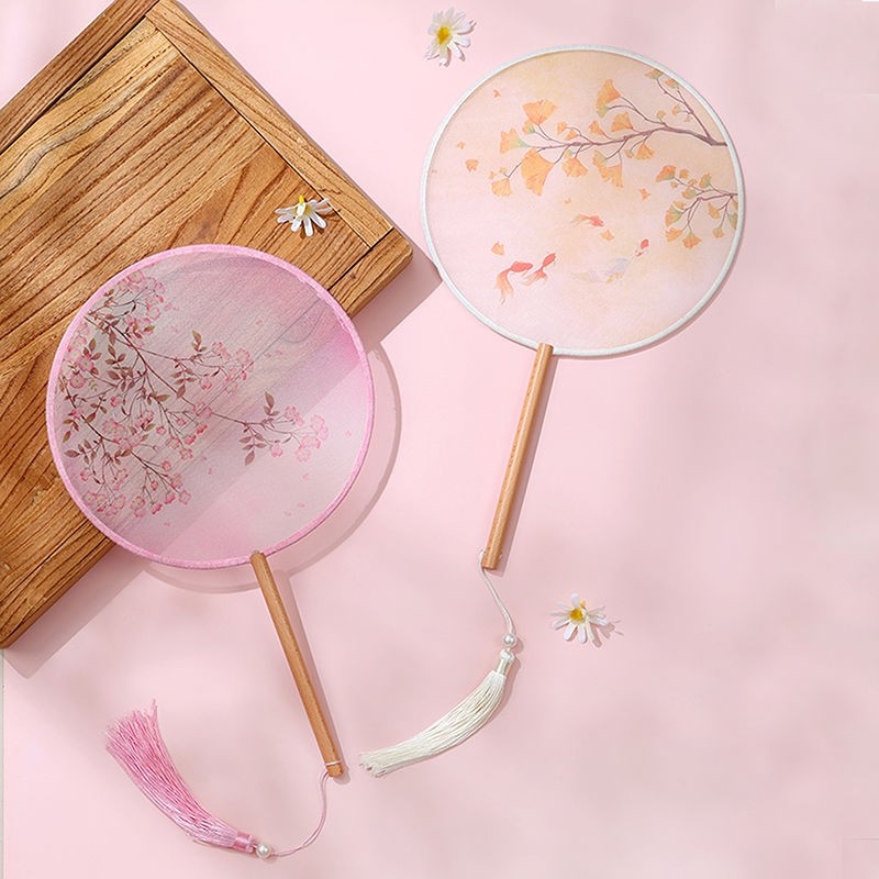 团扇双面古典扇子古风半透圆形流苏女古装汉服旗袍丝质古装扇子