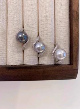 夏季轻奢闪钻交叉可调节纯银戒指单颗珍珠大溪地黑高级感指环澳白