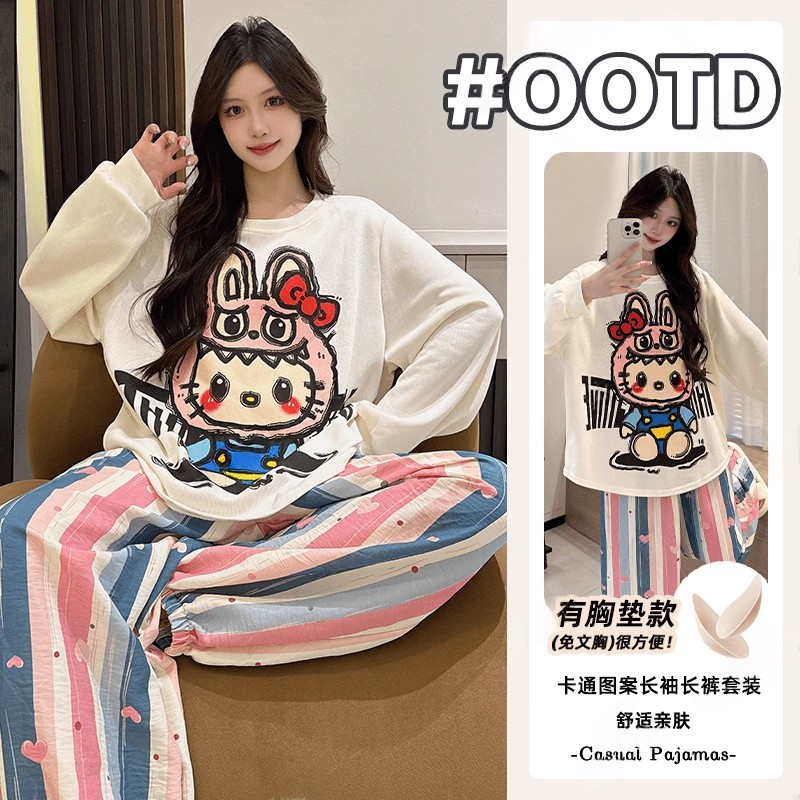带胸垫睡衣女秋冬款2025新款女士长袖长裤家居服冬季家居服可外穿