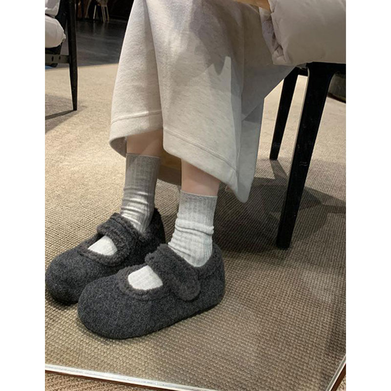 加绒玛丽珍鞋女冬毛毛鞋2025年新款内增高毛呢料配大衣勃肯棉鞋子