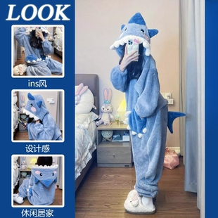 三福㱁秋冬季连体睡衣女甜美可爱鲨鱼睡袍连帽珊瑚绒加厚加绒卡通