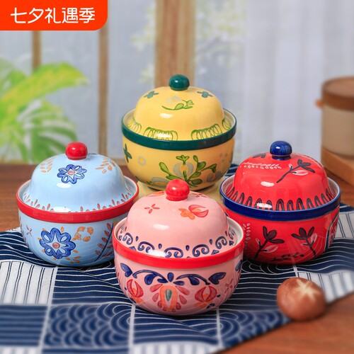 田园炖盅隔水炖家用蒸盅陶瓷瓦罐汤盅中式小炖罐专用燕窝碗一人碗