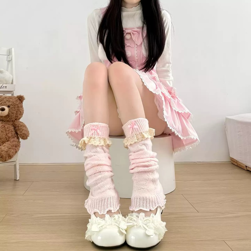 Lolita腿套日系堆堆袜JK菱形针织袜套少女粉色蕾丝边蝴蝶结中