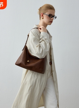 EMINI HOUSE/伊米妮简约风植鞣牛皮荔枝纹牛皮hobo包大容量腋下包