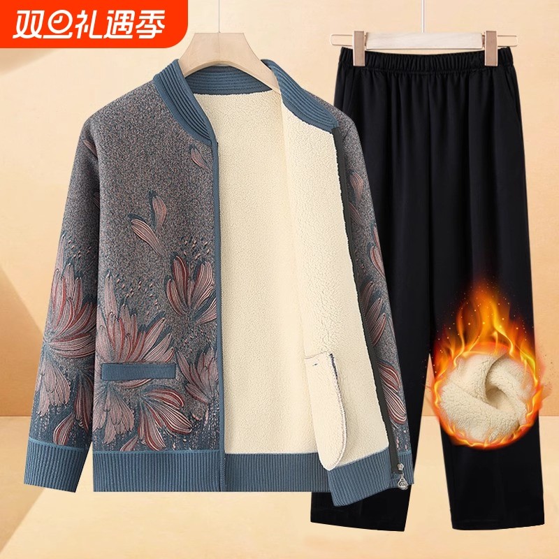 中年妈妈秋冬加绒保暖针织衫外套