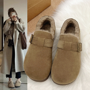 冬款 2025新款 一脚蹬复古毛毛加厚保暖雪地靴 女棉鞋 加绒全包勃肯鞋