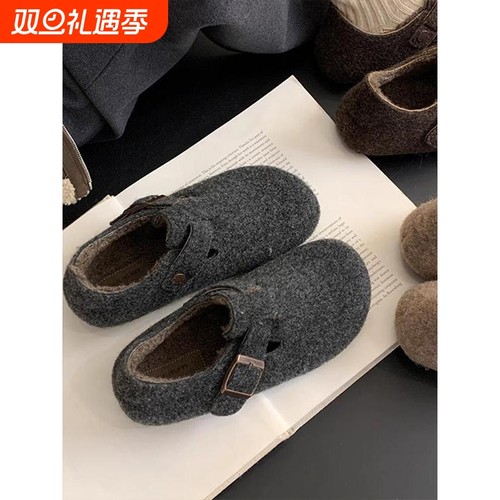 厚底内增高毛呢勃肯鞋女2025秋冬新款加绒保暖毛毛鞋全包豆豆鞋子