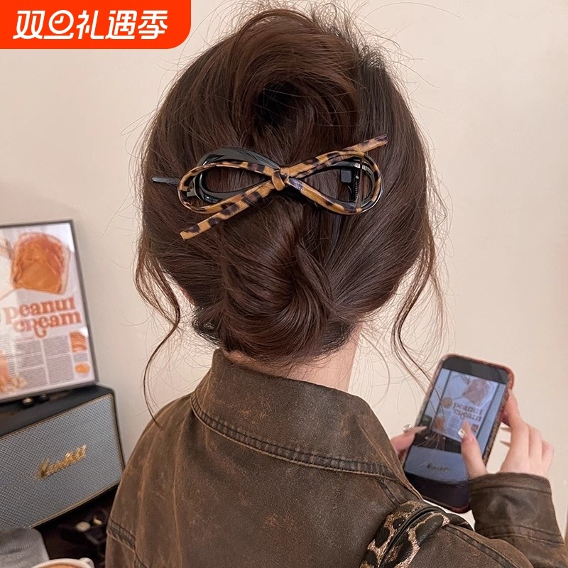 韩系蝴蝶结扭扭夹抓夹高级感一字夹发夹女后脑勺盘发夹子豹纹头饰