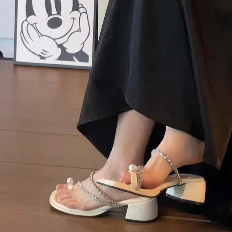 法式绝美水钻凉拖鞋女夏外穿2025新款仙女风配裙子百搭粗高跟凉鞋