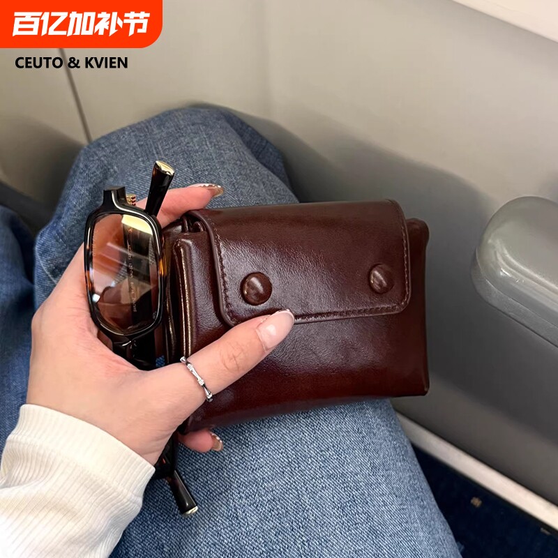 复古钱包卡包一体证件包卡夹零钱包女款证件收纳包手工红色棕色