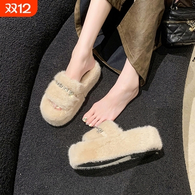 厚底毛毛拖鞋女秋冬季外穿高级感2025新款网红水钻保暖棉拖ins潮
