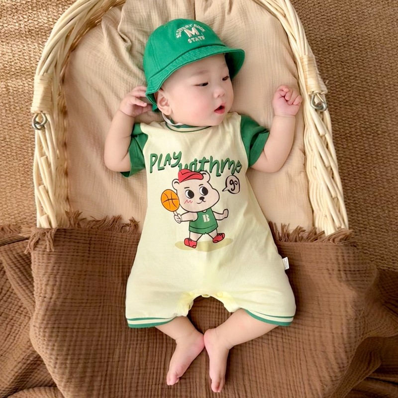婴儿短袖连体衣纯棉A类男宝宝夏季薄款衣服卡通篮球外出