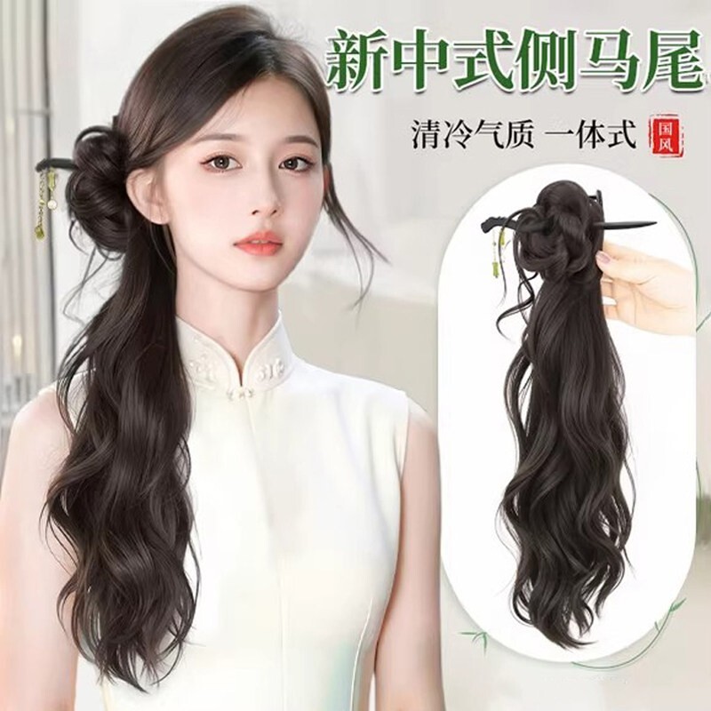 新中式假发抓夹女侧马尾汉服旗袍编发发簪古风仿真发辫子头饰发型图片