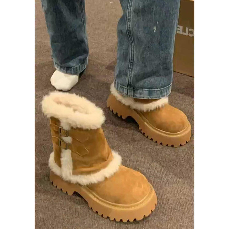 厚底中筒雪地靴女款2025新款冬季皮毛一体加绒阿勒泰保暖毛毛棉鞋