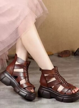 意尔康心选新款复古皮面厚底高帮凉靴女高跟镂空软皮凉鞋坡跟鱼嘴