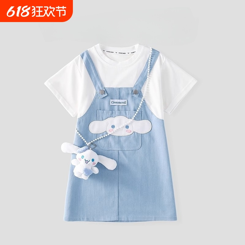 女童连衣裙女孩假两件背带裙夏装休闲时尚短袖衣服中大童条纹裙