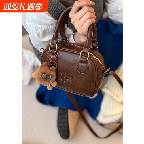 伊布古奇保龄球包包女2025新款时尚单肩斜挎包高级质感咖色手提包