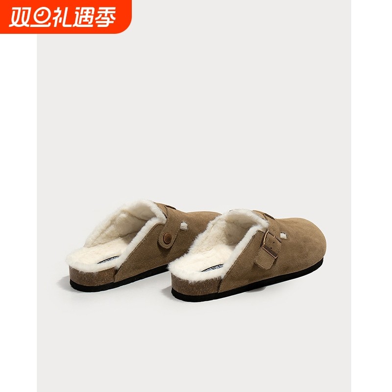 网红毛毛勃肯鞋女2025秋冬新款一脚蹬加绒保暖包头半拖鞋外穿棉鞋