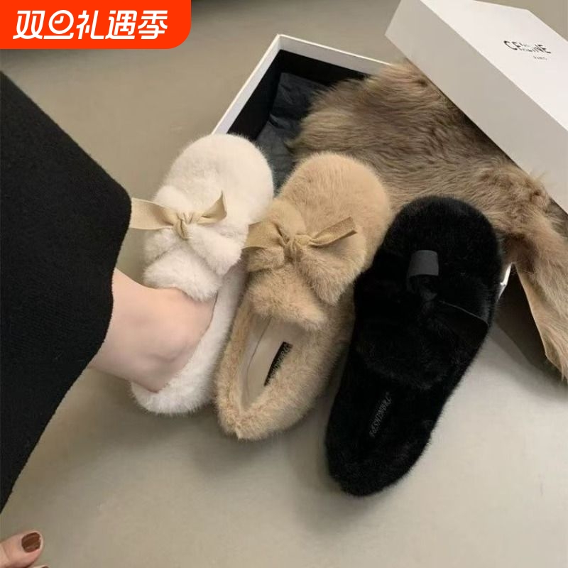 一脚蹬白色毛绒毛毛鞋子女2025新款秋冬季外穿加绒孕妇豆豆鞋黑色