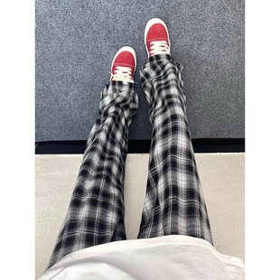 cleanfit黑白格子裤子男款夏季格纹休闲裤美式显瘦直筒长裤黑黑色