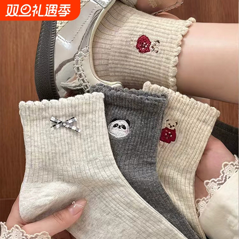 可爱刺绣棉袜子女士蝴蝶结短袜春秋季纯色吸汗透气25新款爆款米色
