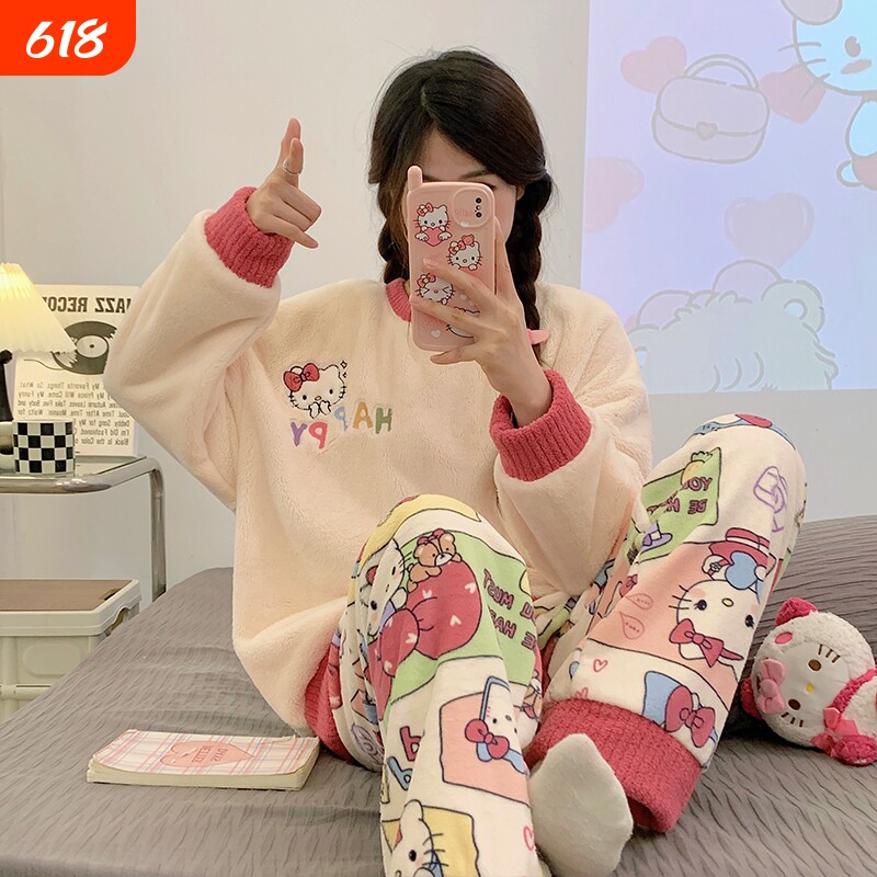 珊瑚绒睡衣女秋冬季2025新款kt猫可爱卡通少女法兰绒加绒加厚套装