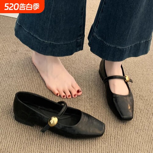 黑色单鞋女2026新款春夏季低跟平底小皮鞋法式玛丽珍女鞋子配裙子