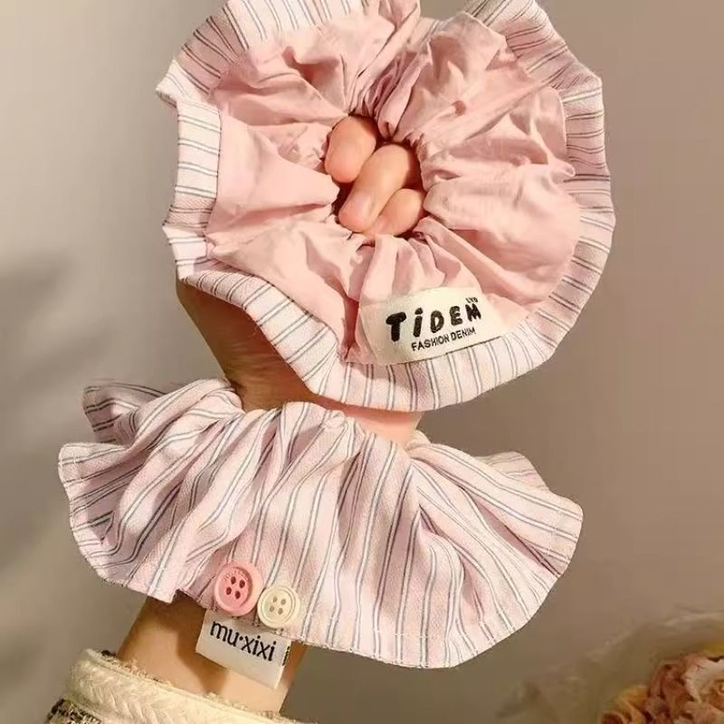 2025新款韩系粉色纽扣条纹大肠发圈女高级感低马尾慵懒风发饰头绳