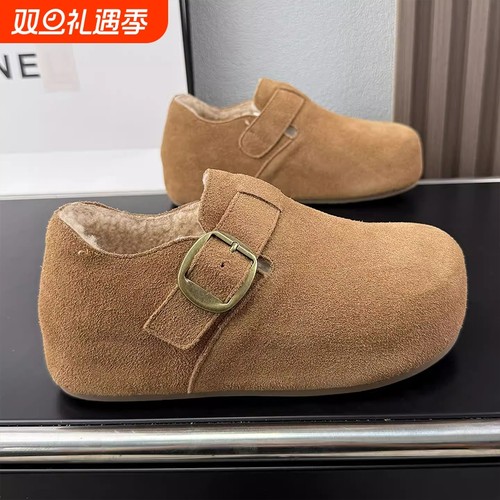 欧货冬季加绒勃肯鞋全包厚底绝美民族风2025新款毛毛内增高博肯鞋