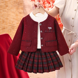 女童拜年服冬季中小童红色洋气香风外套小衫秋冬新款宽松秋装儿童