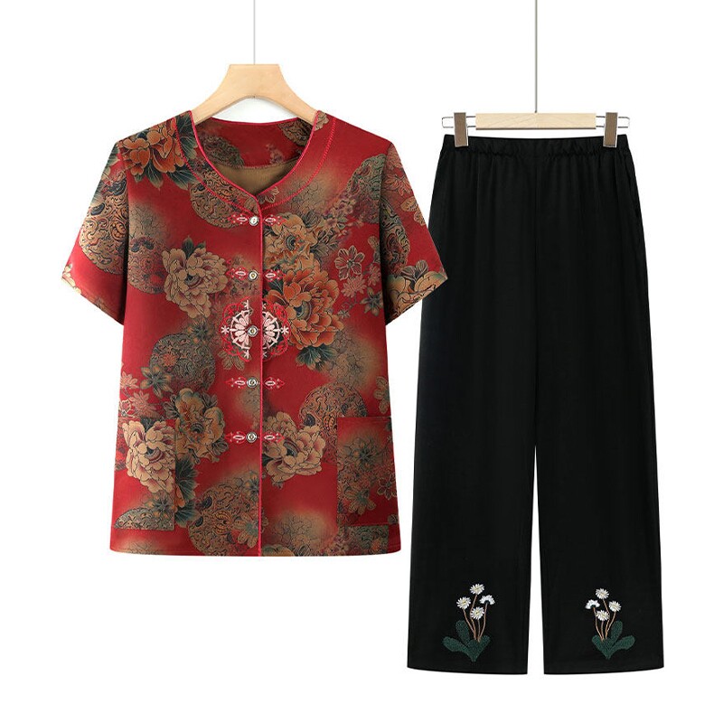 奶奶夏装套装中老年人短袖衬衫女两件套70岁80妈妈唐装T恤上衣服