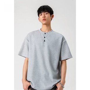 华夫格亨利领短袖男女夏季新款oversize宽松半袖PoloT恤白色潮牌