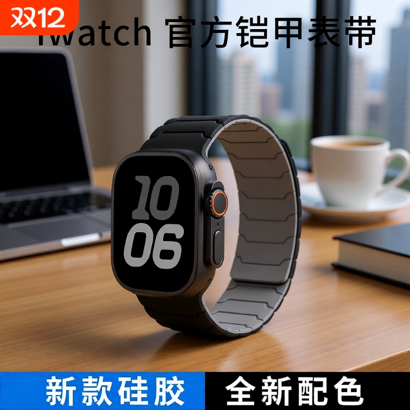 适用applewatch ultra3表带iwatch9苹果S10手表S9硅胶磁吸高级铠甲男运动watchs8运动SE女智能7腕带49mm秋冬