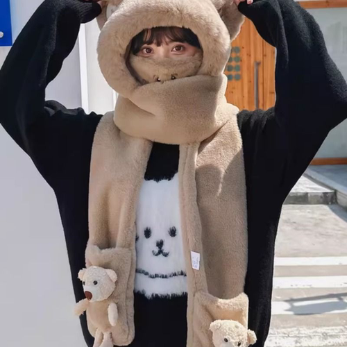 可爱小熊帽子围巾一体女冬季毛绒帽加厚护耳保暖套头连帽