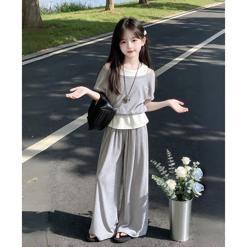 女童假两件短袖套装夏季休闲长裤图片