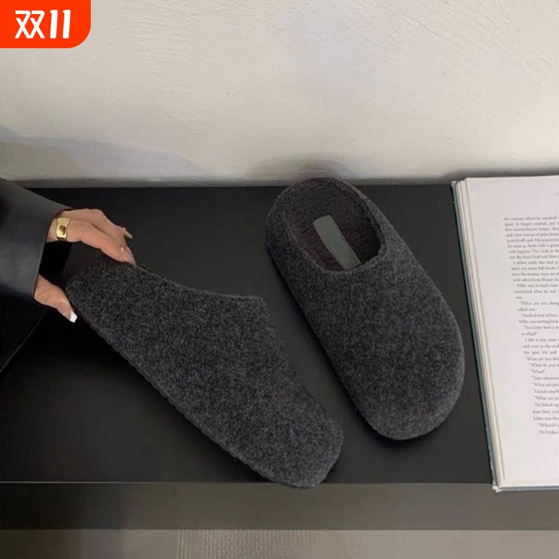 灰色毛呢复古内增高5cm勃肯鞋女厚底小土豆加绒保暖包头毛毛拖鞋
