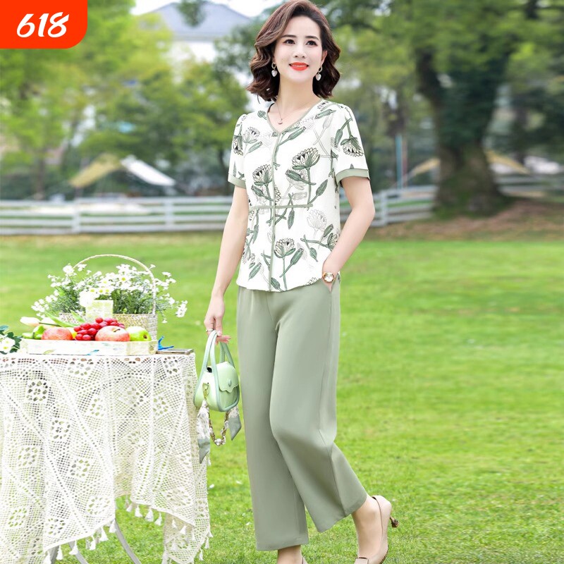 妈妈夏装2026新款套装短袖T恤中老年女装年轻妇女衣服薄款雪纺衫