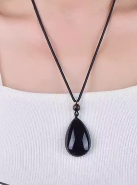 天然黑曜石吊坠水晶项链五行水滴