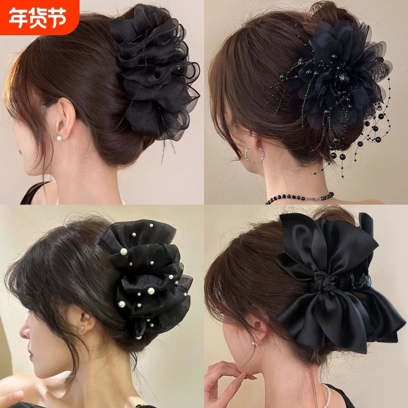 高级感黑色泡泡蝴蝶结发夹大号发抓2025新款后脑勺鲨鱼夹抓夹流苏